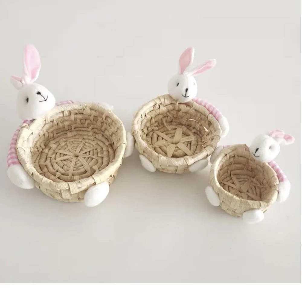 pink Straw Corn Husk Storage Basket Ornaments Storage Candy‎ Sundries Basket